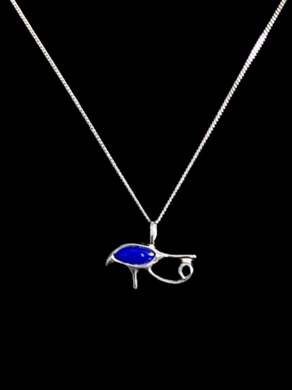 Vintage 1980s Sterling Silver Lapis Lazuli Eye of Horus Pendant Necklace 925